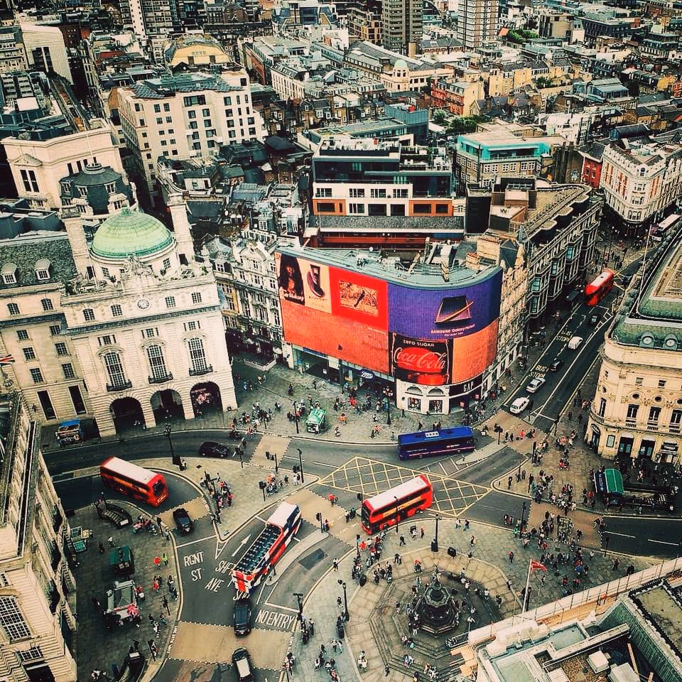 Piccadilly circus London aerial view