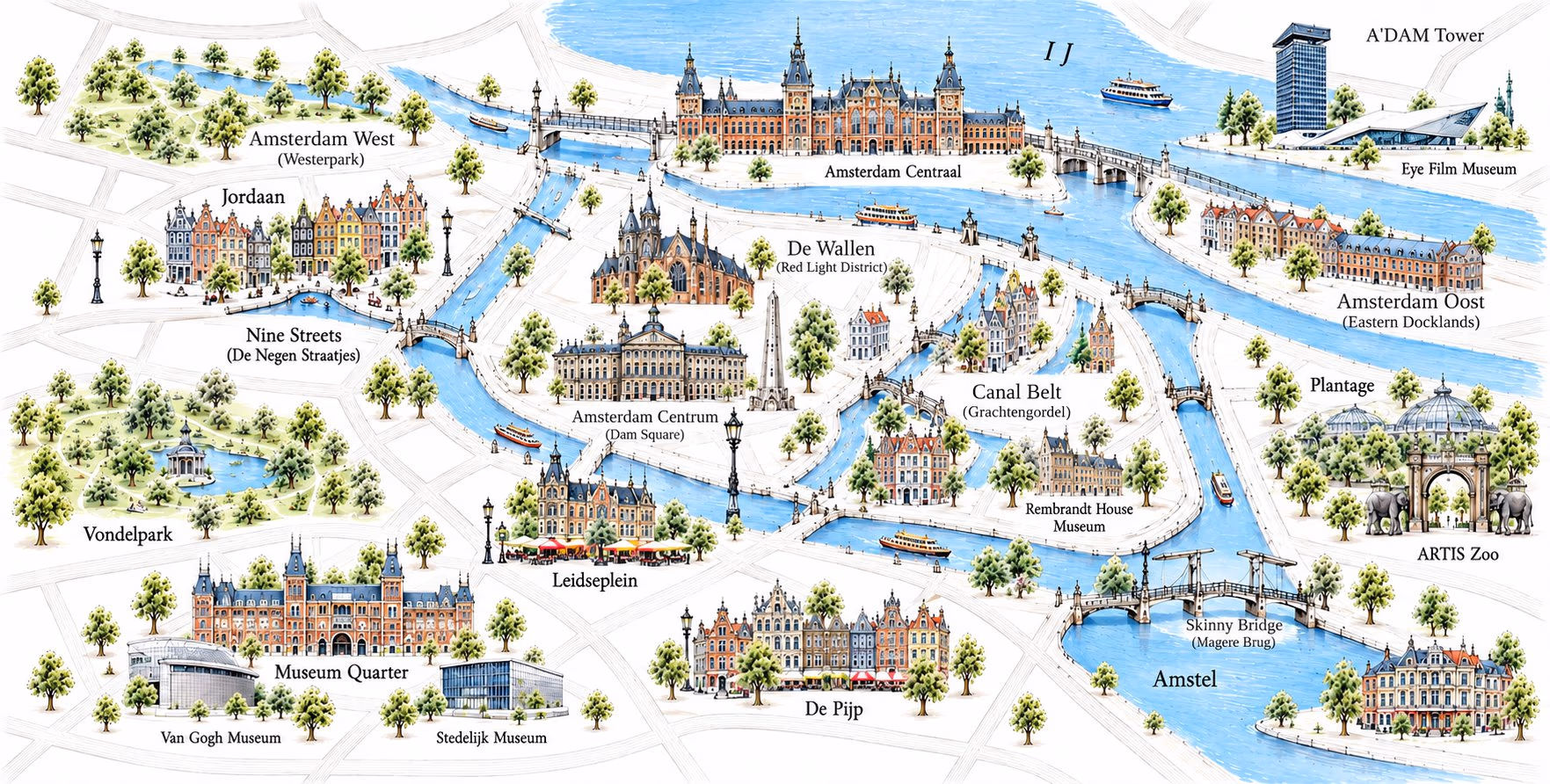 Illustrated map of Amsterdam neighbourhoods