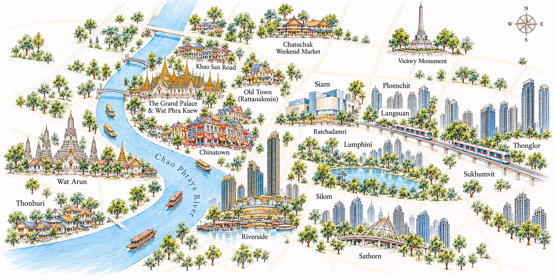 Illustrated map of Bangkok neighbourhoods