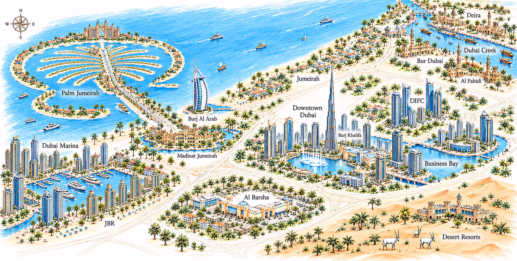 Illustrated map of Dubai neighbourhoods