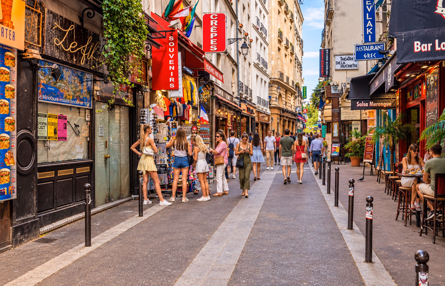 Bustling street in Latin Quarter in Paris 