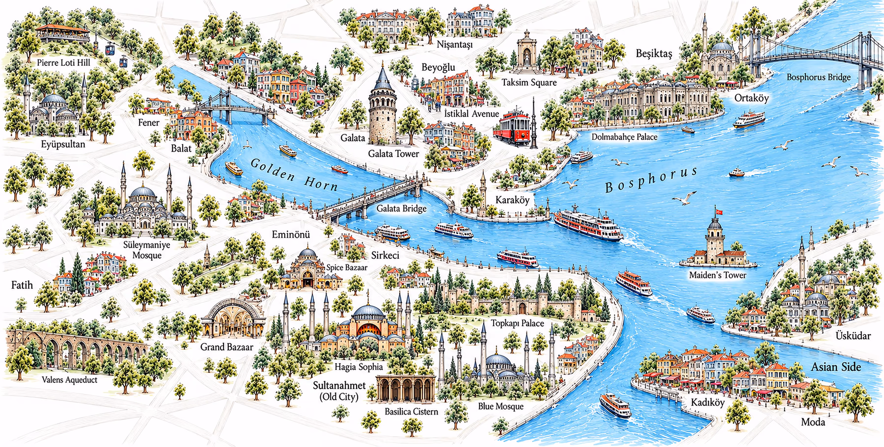 Illustrated map of Istanbul neighbourhoods